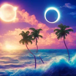 1980's vaporwave aesthetic palm trees with lightning with solar eclipse in the ocean waves sunset