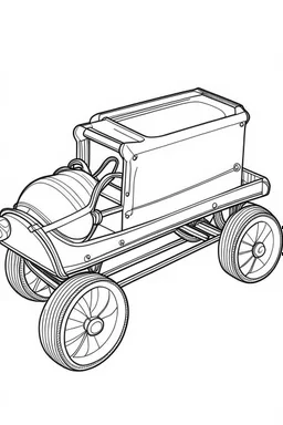 Outline art for coloring page OF A 1943 PULL TOY IN A TOY BOX IN THE UNITED STATES, coloring page, white background, Sketch style, only use outline, clean line art, white background, no shadows, no shading, no color, clear