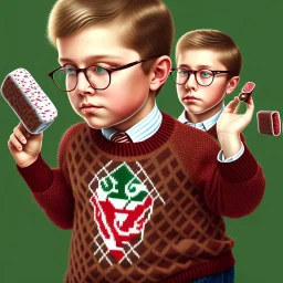 peter billingsley chubby kid with glasses, holding a ((Dark red))soap bar, ((brown))argyle sweater