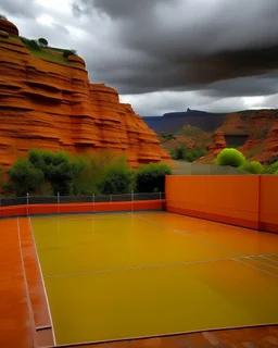 An orange colored tennis field on a crag in a thunderstorm designed in Maori sculptures painted by Piet Mondrian