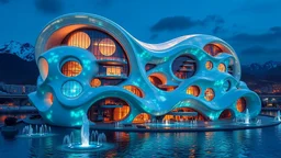 An enormous frisky organic futuristic fantasy building at night, inspired by the fluidity of ocean waves, with undulating, curved walls made of shimmering, innovative semi-transparent opalescent materials. The happy building has large, curved, intriguing rounded windows, playful tentacles, curved balconies and suspended walkways. The building is surrounded by water and fountains. Snow-capped mountains on the horizon. Award-winning photograph, beautiful composition, joyful vibe, wonderful