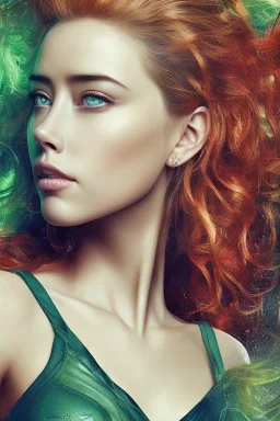 portrait head Amber Heard Aquaman curly red hairs in the green sea