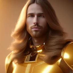 beautiful cosmic golden male, long hair, nice smiling, delicate colors, beautiful glamour galactic golden dress, ultra sharp focus, 8k, unreal engine 5, extremely sharp detail, light effect, soft light atmosphere of a spaceship, smooth, full of details, face in front, complete vision of face and body