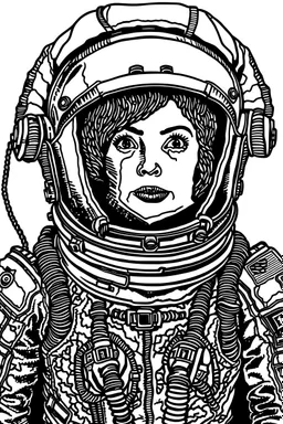 smooth high contrast symmetrical black and white anime style line drawing of a cold war era female cosmonaut in a tight fitting sokol suit