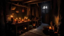 Mediaeval hovel, night, oil lamps, candles, award-winning colour photograph