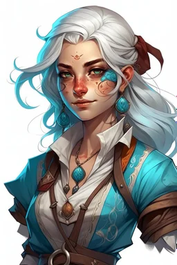 young female dnd air genasi pirate cleric with pale blue skin and ombre hair