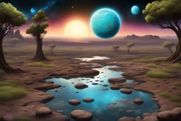 planet in the sky, trees, rocks, rocky land, puddle, sci-fi, landscape, mountains, galactic cosmic influence