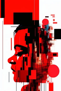 skip skip skip vs art jux tox, arafed abstract red patterns, cyberpunk juxtapositions parallel with arafed probabilities, no outlines, 2D photography, glitch pattern background, eye closed, eye reduced to single line, slight smile, dramatic, dynamic, tilt dynamism, double exposure, negative space, liminal space, tint leaks, glitch fragments, scream vibe, caffeine vibe