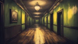 (Masterpiece) hotel corridor, horror atmosphere, dark place, old hotel style, without peoples, green dingy and old yellow color, bad illumination, drawing art syle, wooden floor