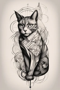 Create a captivating modern 2d ink tattoo design for print , prestigious Divine Cat using the elegant influences of japan art style, for print, dynamic elements from fashion and design, and bold Japanese contemporary art aesthetics, framing centered in the center, distanced from the edges of the paper perimeter, perfect anatomy, bauhaus, Divine Proportion,