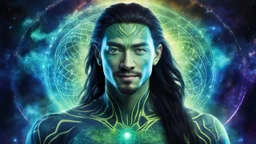 beautiful gorgeous young man na'vi with long hair, Avatar, blue skin, two small ears, green eyes, black hair, in cosmic suit, galactic ambiance, medium pointy goatee , smiling, nebulas and sacred geometry light figures on the backgroud,