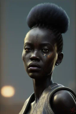 Beautiful portrait of african girl post-apocalypse robots in a cyberpunk city, sci-fi fantasy style, 8k,dark