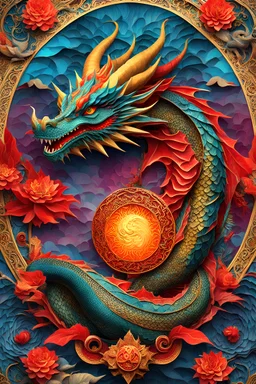 dragon chinese year poster, " 2024 " , Max Ernst style, sharp focus, 8k, 3d, very detailed, very colorful, ornate, grim, fine artt, low poly geometric, whimsical , insanely detailed and intricate, glowing, translucent