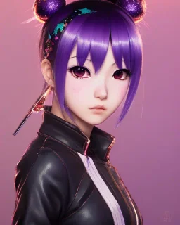 Detailed cute anime Kunoichi Christmas girl, purple hair buns, purple bangs, Christmas style colours, intricate details, full body portrait, keep head in frame, slight smile, black Japanese motif, concept art, highly detailed, digital painting, concept art, sharp focus, illustration, art by Yoji Shinkawa, WLOP and greg rutkowski and alphonse mucha and artgerm and yanjun Chen and Junji ito and Makoto Shinkai, HDR, octane render