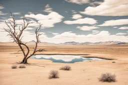 clouds, arid land, distant mountains, dry trees, pond