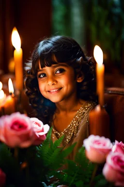 a young 8 years old girl sitting on a couch holding a bunch of flowers, tanned ameera al taweel, hair whitebangs hair, sitting on comfort, roses and lush fern flowers, in a room full of candles, a microscopic photo, cute photograph, from left