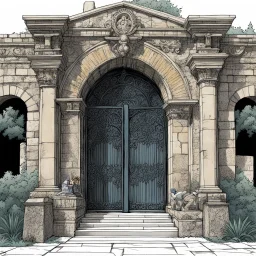 (art by underground comix artist, Charles Bukowski) The ornate gateway marks the boundary of a significant noble holding, though the weathered stonework and modest maintenance suggest a family of respectable but not exceptional wealth. The three-person security detail demonstrates the privatised nature of law enforcement beyond the capital's immediate environs – landed families maintain their own armed personnel for property protection, dispute resolution, and deterrence against banditry. These