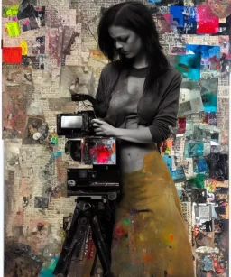 happy beautiful girl holding big proffesional camera in studio. street art, oil on canvas, spray paint, collage, letters, newspapeers, Dave McKean, Vladimir Fedotko, Saturno Butto, Vaughn Bodé, Frank Wu, James C. Christensen, collage, dirty, paint dripping, radiant