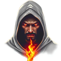 Portrait of warrior man with hoodie in bold eyes in a white background with glowing fire broke effect illustration