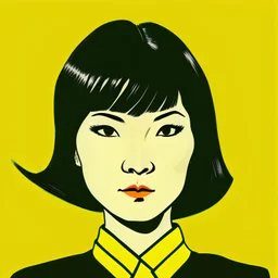 Illustration of a 40 year old Japanese woman with with black hair, frontview, yellow background