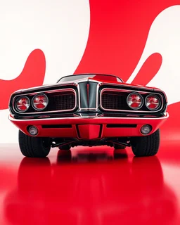 low view angle shot down from upper left front and showing the full vehicle, a 60s futuristic prototype muscle car, large close up a beautiful look up modern is decorated with red abstract, all red background, fisheye lense, vray, raytracing