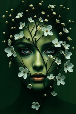green woman face with branches and white flowers surreal and abstract