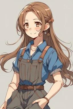 brown hair in a ponytail anime girl in overalls