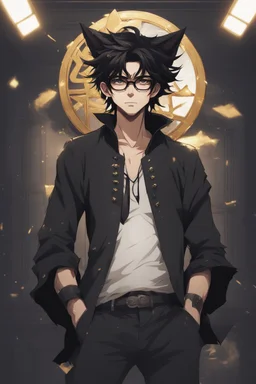 Anime style man with messy black hair and black cat ears. gold eyes. Glasses