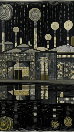 A dark gray factory with bombs designed in ancient Greek mosaics painted by Edvard Munch