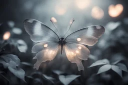 diaphanous transparent light butterfly with glowing center on dark grey leaves, ethereal, otherwordly, cinematic postprocessing, bokeh, dof