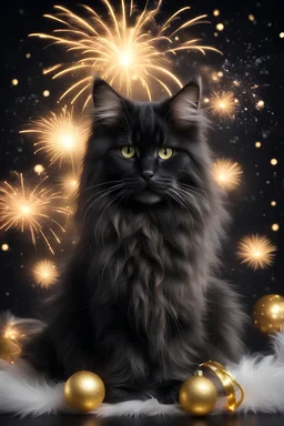 Realistic black New Year fluffy Maine Coon cat with four paws. golden neon glow. A Christmas tree with golden toys and black and gold gifts. Firework. Winter night background.