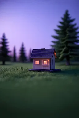 tiniest house ever, tilt shift, analog photo, cinematic, purple tones, trees in the background, beautiful scenery