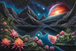 on an alien world within the Orion Nebula, by night, the nebula gas clouds and stars visible in the sky, and reflected in the water of a lake, alien otherworldly plant like life forms unlike those of earth :: extremely detailed, intricate, photorealistic, beautiful, high detail, high definition, pencil sketch, deep color, watercolor, award winning, crisp quality