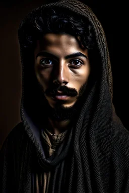 A highly detailed portrait photograph, junger, Arabischer Dieb, Versteckte klinge, Umhang, kurzbart