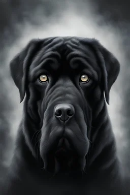 "Create an unsettling portrayal of a black mastiff with chilling silver eyes. Accentuate the eeriness by depicting its ears as ghostly white, gradually fading into darkness. This image should evoke a sense of fear and foreboding, capturing the spectral essence of this haunting creature."