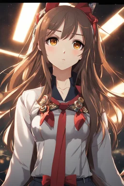 (masterpiece), (anime style), award winning, centered, looking toward camera, long brown hair, confident young woman, red eyes, intricately detailed modern setting, dynamic lighting, dynamic composition, ultra detailed, (epic composition, epic proportion), professional work, wearing casual clothes