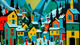 A town near a glacier filled with shadow monsters painted by Stuart Davis