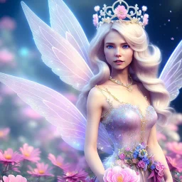 cute fantasy fairy with transparent wings, smiling, blue eyes, long platinum blond hair with crown and flowers, pink dress, unreal engine