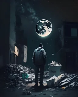 A man and garbage and a night moon