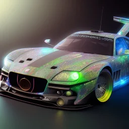 Modified car, ultra realistic, intricate details, ultra highly detailed, shiny, smooth, studio quality, octane render, Surrealism, Triadic colour scheme,glow-stick, ambient lighting,nightclub lighting, polaroid, 100mm, --ar 1:1 --v4