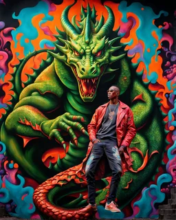 Imágen del Hombre Dragón, arte de grafiti, ultra quality, hyper-detailed, maximalist, 8k, full body