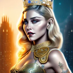 madonna, Cyborg warrior, light blonde hair, crown, pixie hairstyle, cobalt eyes, waist up portrait, 8k resolution, intricate details, ornate details, soft lighting, vibrant colors, masterpiece, intricate eyeliner, dark eyeshadow, eyes, intricate tattoos, futuristic cityscape background