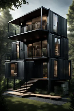 Medium-sized house in the woods made from shipping containers, photorealistic