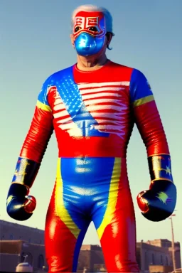 realistic image of joe biden as a mexican wrestling fighter posing, Mexican eyes wrestling mask, red and blue breeches, retro style, 80s, vibrant color, highly detailed, sky background, concept art, unreal engine 5, god rays, ray tracing, RTX, lumen lighting, ultra detail, volumetric lighting, 3d, finely drawn, high definition, high resolution.