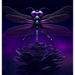 close up portrait from a robotic biomechanical dragonfly with tiny neon lights perches on a biomechanical flower, set against a backdrop of a blurred tiny made metallic crescent moon in a dark purple-black sky. perfect dragonfly body, Both the dragonfly and flower are silhouetted against a pale crescent moon. The overall tone is dark, distopic, dreamlike imagery atmosphere, ethereal silver abstractions, background quantum wavetracing, pale World Wide Web pale thin threads patterns, sci-fi moo