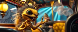 close up portrait of hairy fluffy polymer clay cute happy excited gesticulating alien monster banana wasp squirrel with realistic human colored and textured skin, and long sleek limbs and with studio lights, on a luxury ornate neon buss with strange graphitti and tatooes, talking to a wise man, buss is full of smoke, and bright beams from the sky