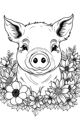 portrait of cute pig and background fill with flowers on white paper with black outline only
