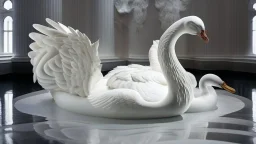 hyper realistic render of a swan carved out of white marble, sculpture is displayed inside of a big art exhibit