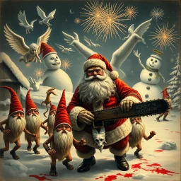 there is no kebabs at christmas, evil Santa, evil naked gnomes running around, staring flaming eyes, evil naked Rudolf, very big evil melting angry Frosty the snowman in background, 1940 christmas postcard, blood stains, Flying angels, Santa holding a chainsaw, fireworks, Tim burton style
