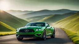 Cross between Ford mustang and bentley, on a road of green hills in morning, rear view